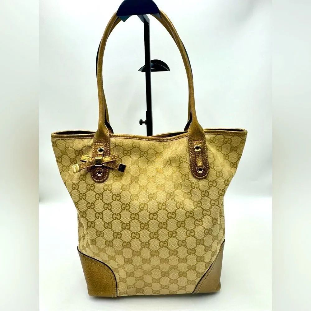 Auth Gucci GG Supreme Canvas Princy Metallic Gold Leather Trim Horsebit Tote